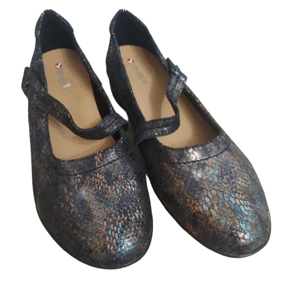 Revere Bonn Women's Leather Black Metallic Python Mary Jane Shoes size 1…